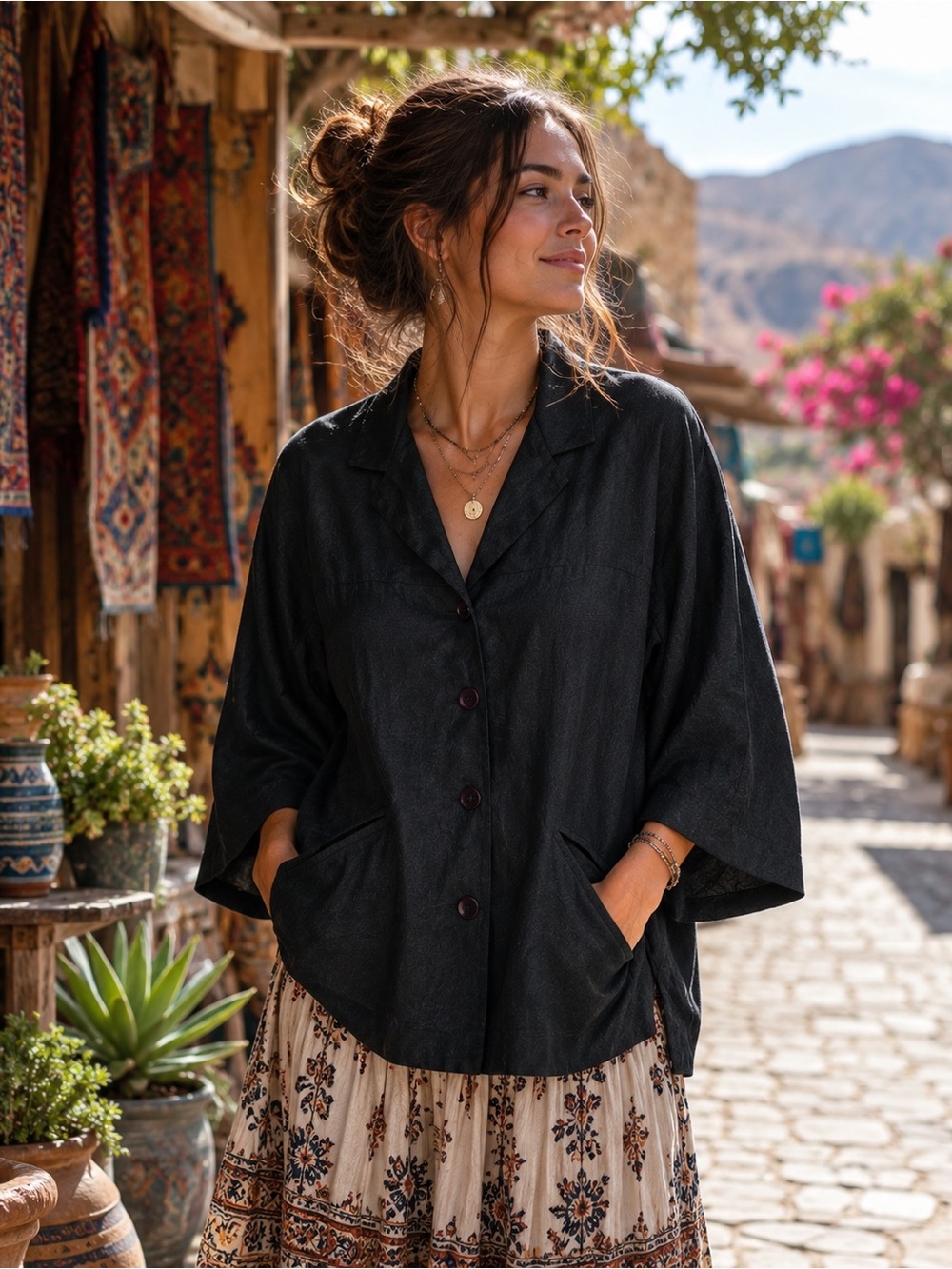 Vintage Kenar 100% Silk Black Herringbone Kimono Sleeve Jacket Size 8